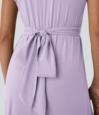 Breezeful™ V Neck Short Sleeve Pocket Tie Back Quick Dry Midi Casual Dress-Longer Length