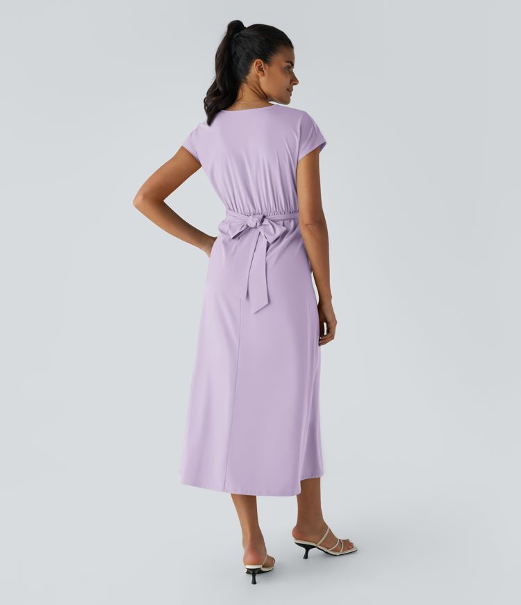 Breezeful™ V Neck Short Sleeve Side Pocket Tie Back Quick Dry Midi Casual Dress