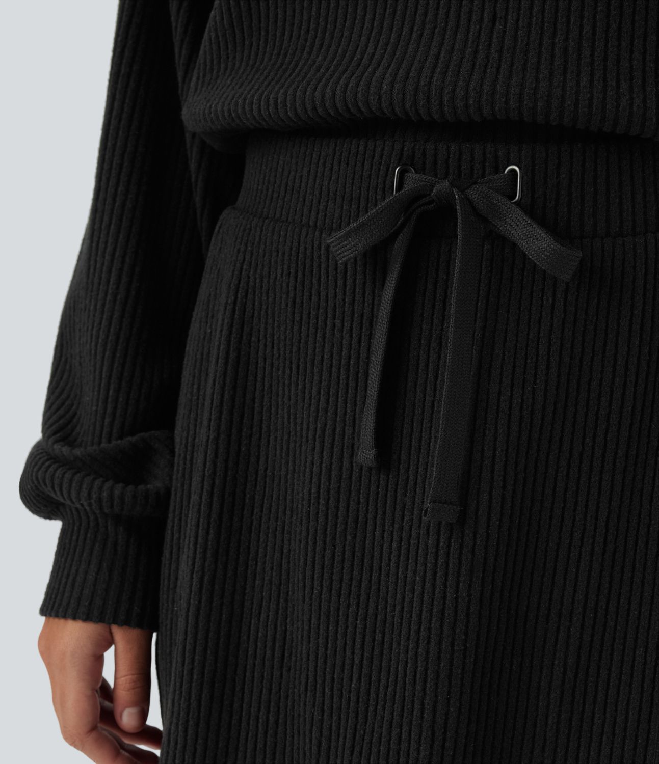 Ribbed knit mid-waist drawstring split back pocket 2-in-1 mini casual skirt