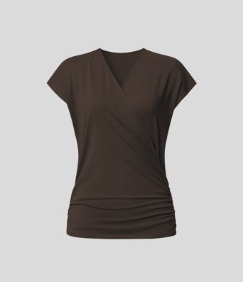 V Neck Cap Sleeve Crossover Ruched Solid Work Blouse V Neck Cap Sleeve Crossover Ruched Solid Work Blouse