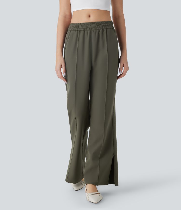 Mid Rise Side Pocket Zipper Split Hem Flare Casual Trousers