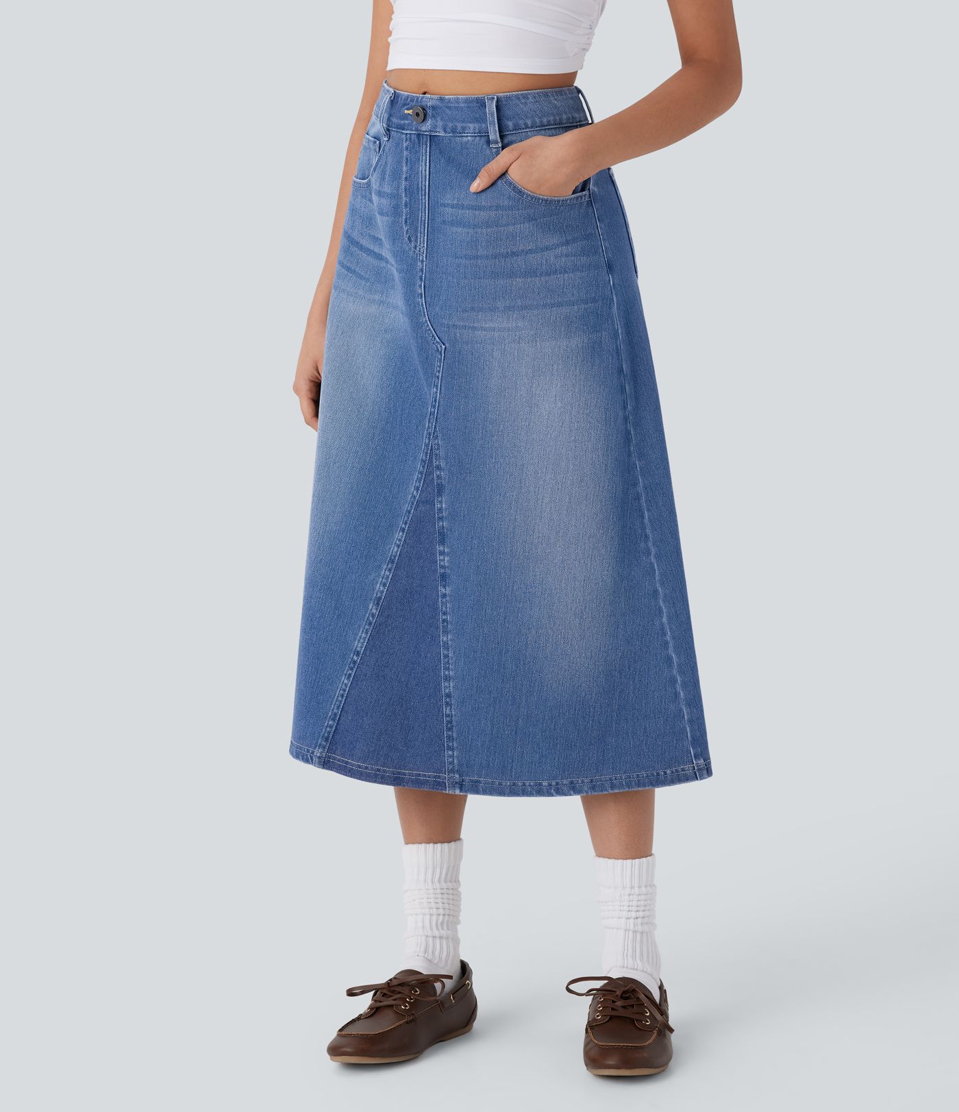 Jupe Midi Décontractée A-Line en Jean Lavé Halara Flex™ à Taille Haute avec Poches