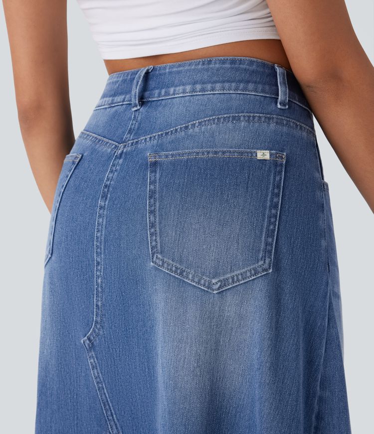 Halara Flex™ Yüksek Bel Cepli Midi Yıkamalı Denim Günlük A-Kesim Etek