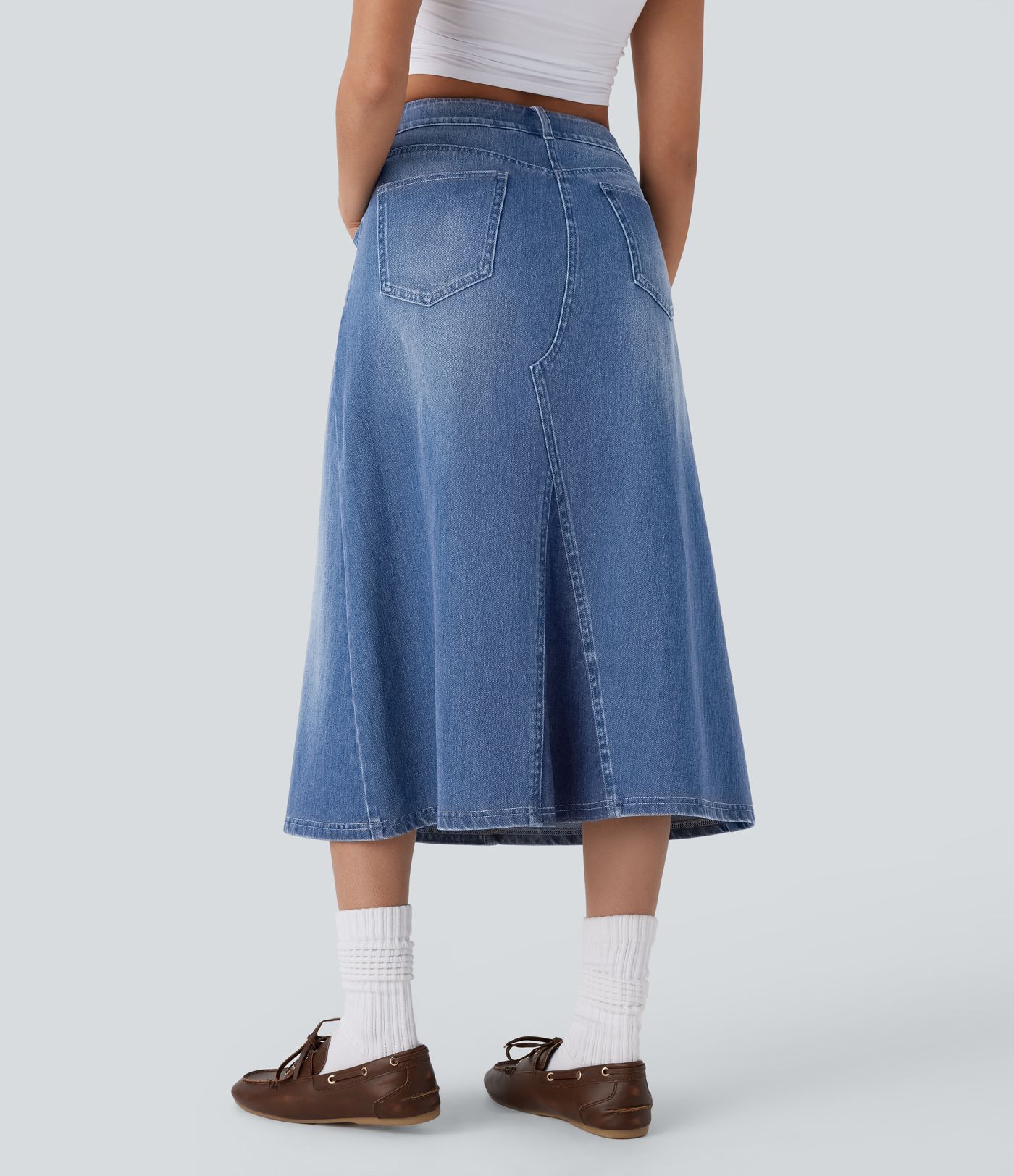 Jupe Midi Décontractée A-Line en Jean Lavé Halara Flex™ à Taille Haute avec Poches