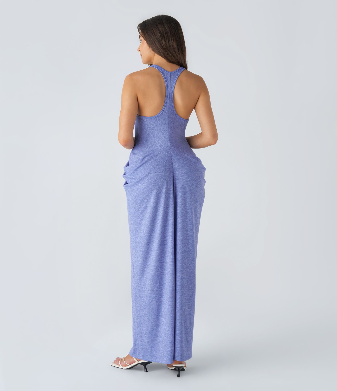 Robe Casual Maxi avec Décolleté Profond en V Dos Nu Dos Nageur et Empilement de Fronces