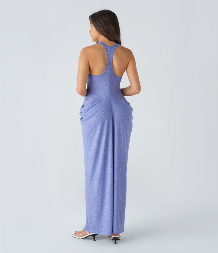 Robe Casual Maxi avec Décolleté Profond en V Dos Nu Dos Nageur et Empilement de Fronces