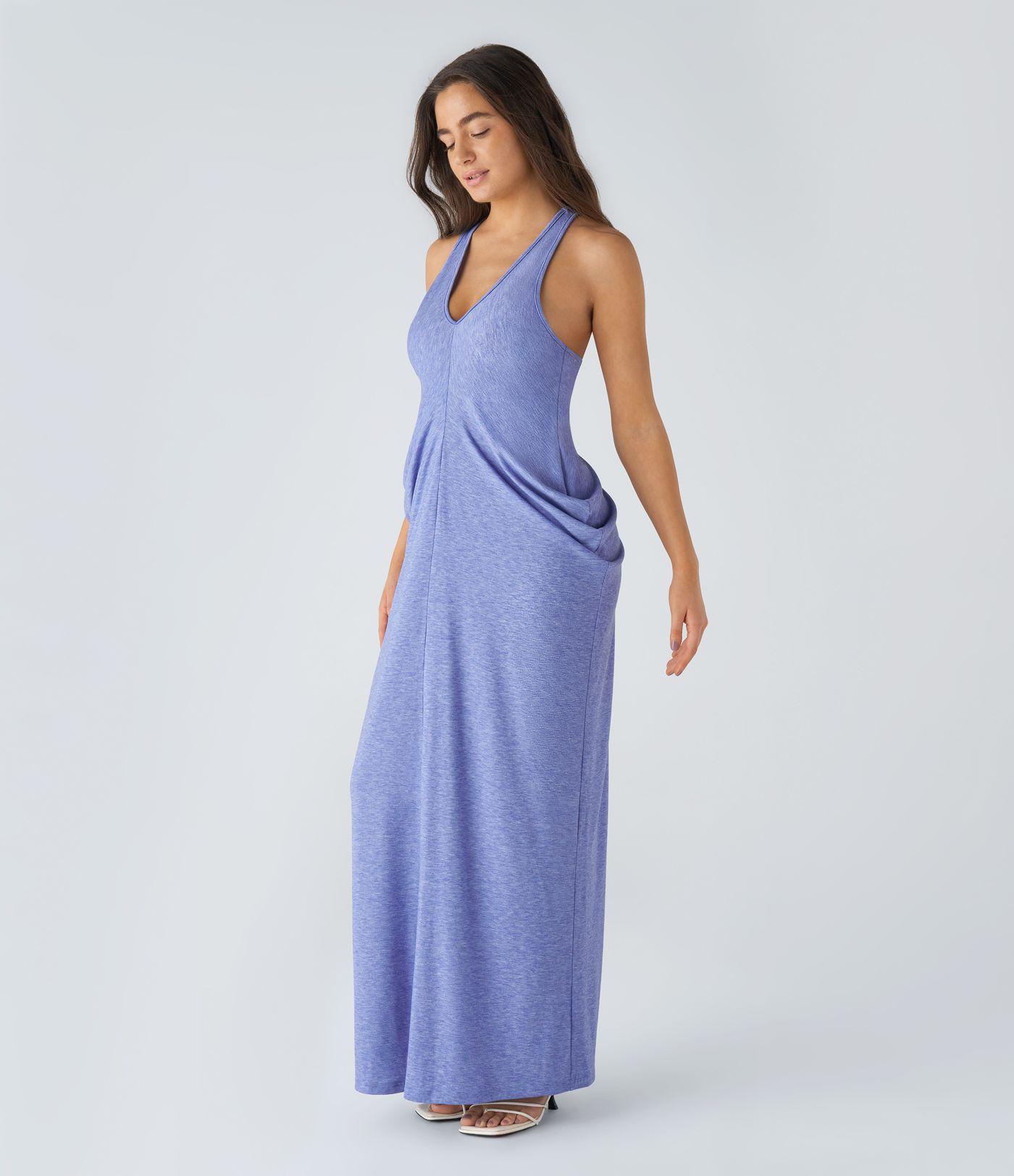 Robe Casual Maxi avec Décolleté Profond en V Dos Nu Dos Nageur et Empilement de Fronces