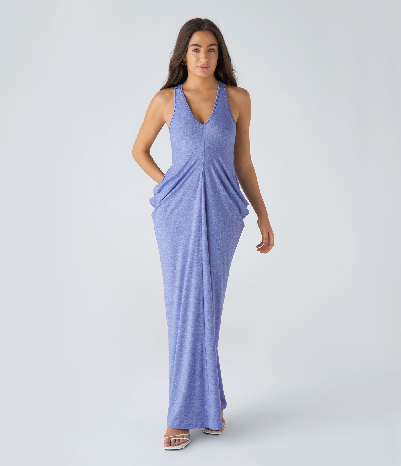 Robe Casual Maxi avec Décolleté Profond en V Dos Nu Dos Nageur et Empilement de Fronces