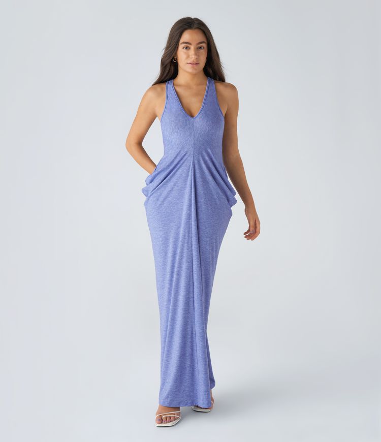 Robe Casual Maxi avec Décolleté Profond en V Dos Nu Dos Nageur et Empilement de Fronces