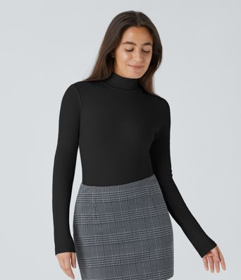 Ribbed Knit High Neck Long Sleeve Work Bodysuit