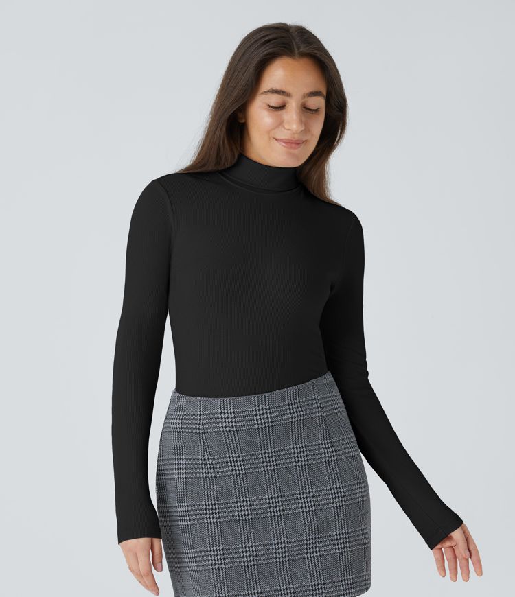 Ribbed Knit High Neck Long Sleeve Work Bodysuit