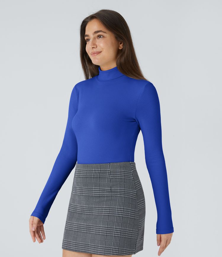 Ribbed Knit High Neck Long Sleeve Button Work Bodysuit