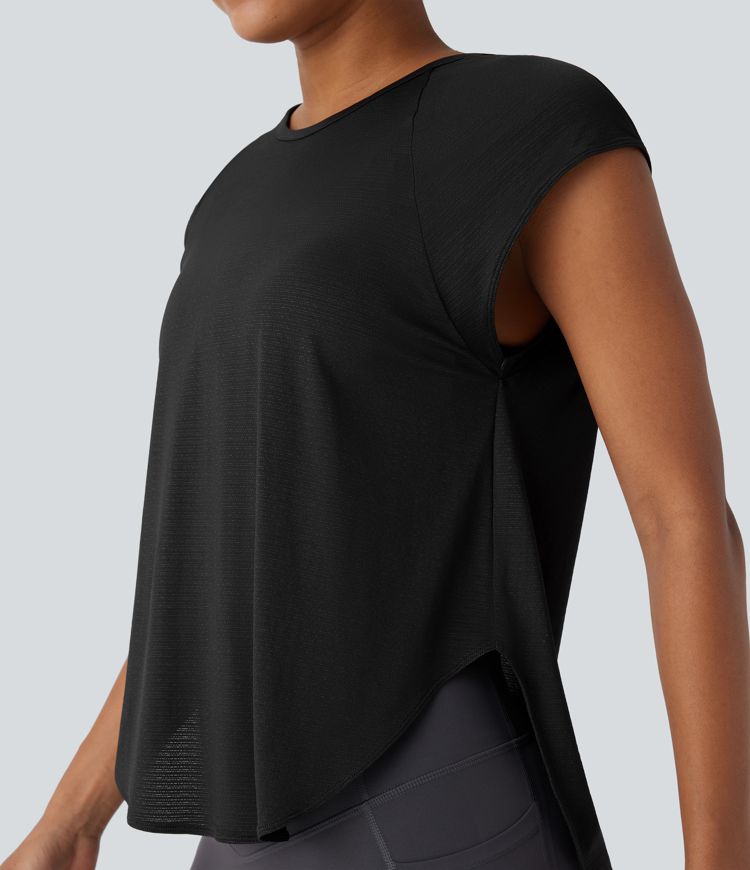 Haut de sport de yoga avec col rond, manches courtes, fente et dos noué