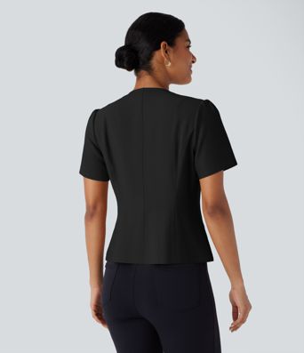 Round Neck Short Sleeve Decorative Button Slim Work Linen-Feel Jacket