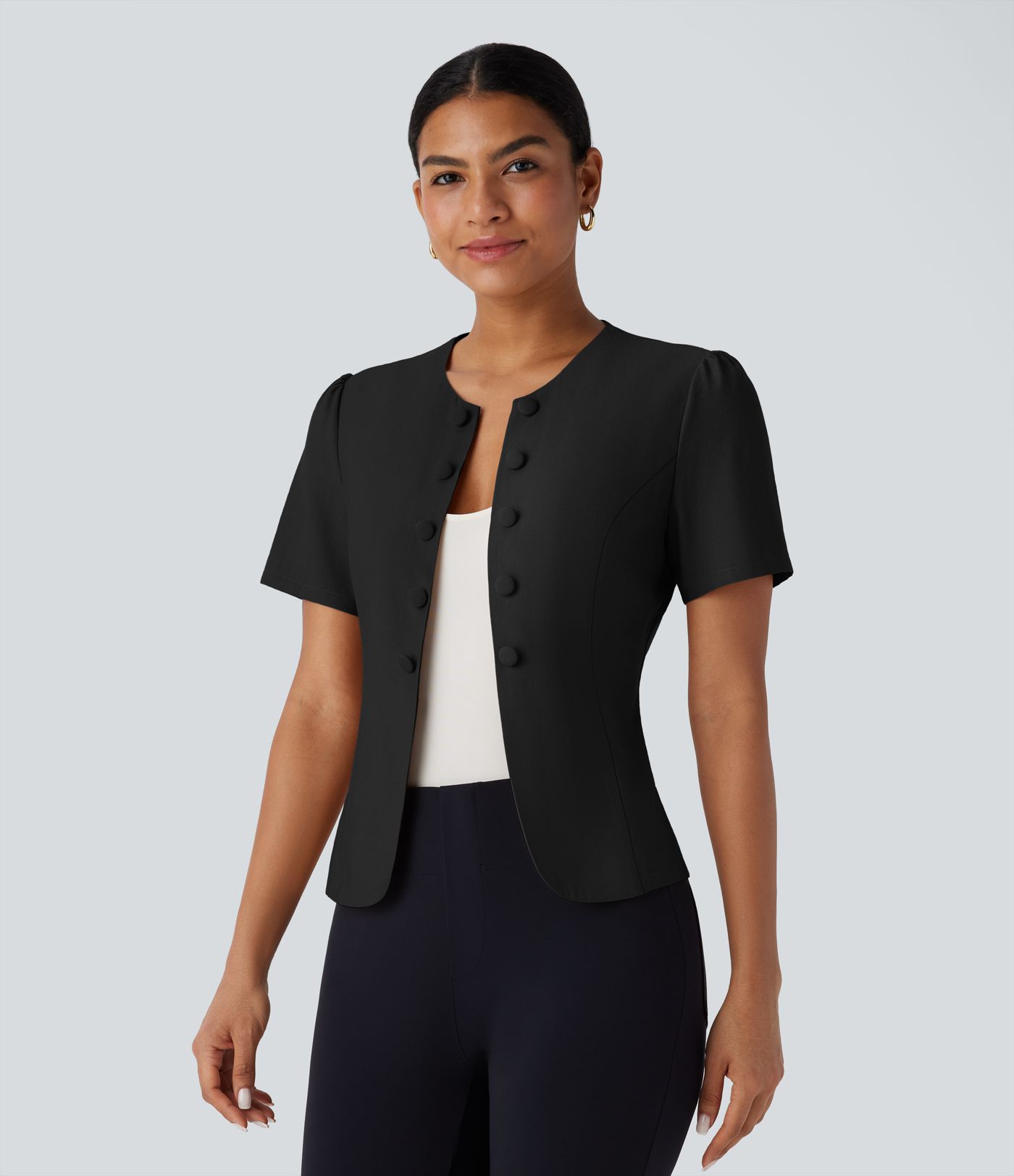 Round Neck Short Sleeve Decorative Button Slim Work Linen-Feel Jacket