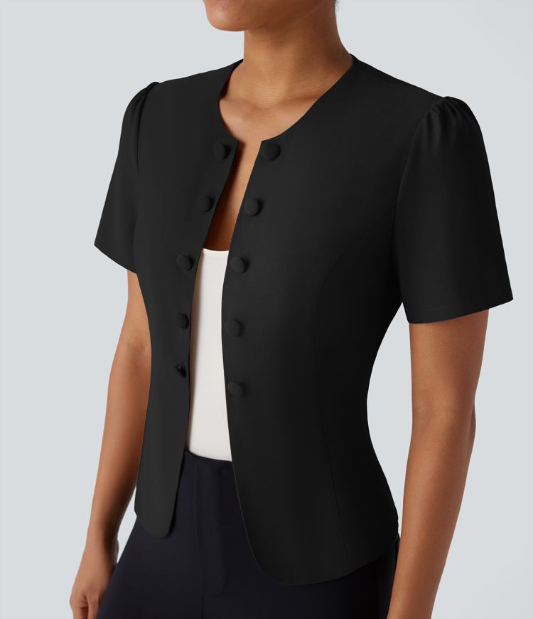 Round Neck Short Sleeve Decorative Button Slim Work Linen-Feel Jacket