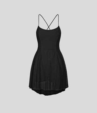 Lace Up 2-in-1 Pocket High Low Contrast Mesh Flowy Low Support Mini Dance Active Dress A-C Cups