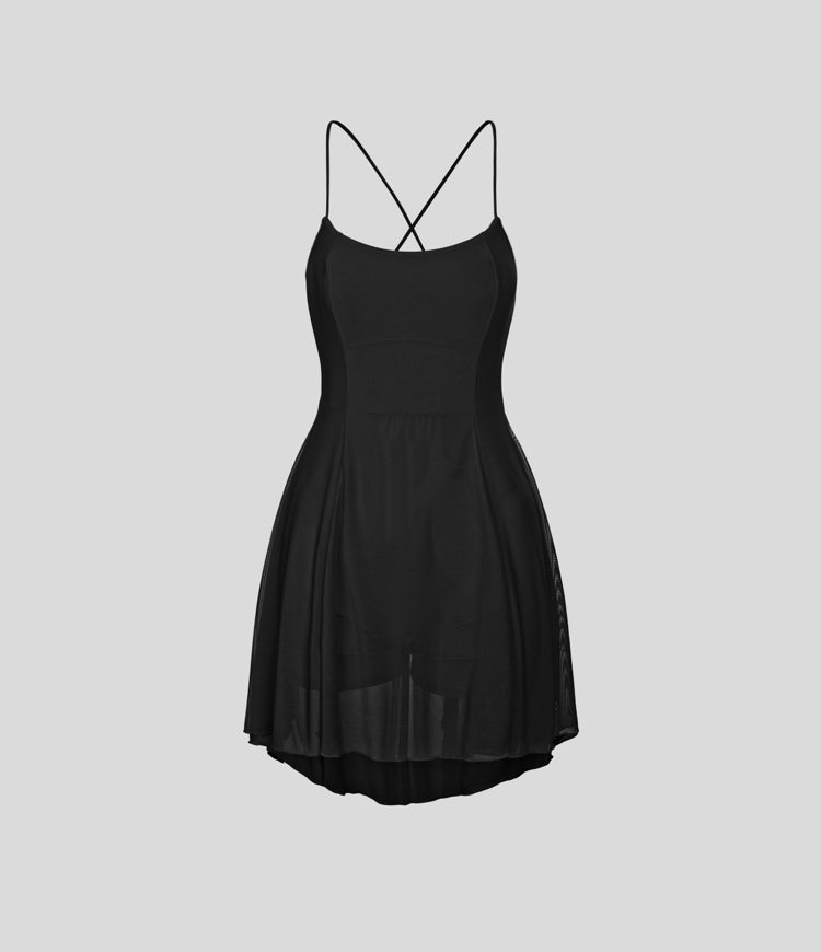 Lace Up 2-in-1 Pocket High Low Contrast Mesh Flowy Low Support Mini Dance Active Dress A-C Cups