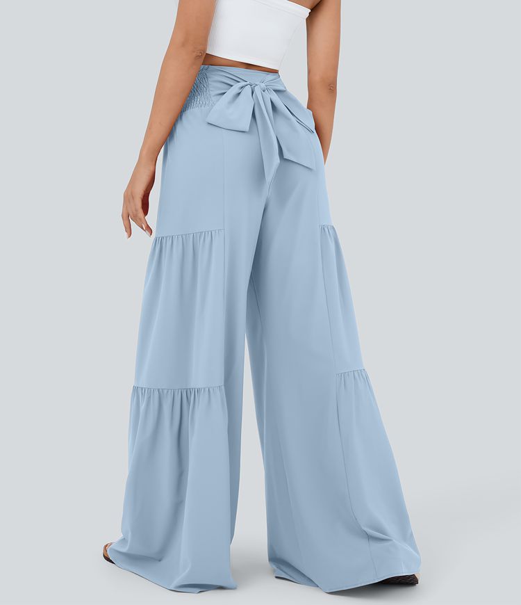 Breezeful™ Pantalon Large Casual Taille Haute Froncé à Nouer Devant et Dos Fluide Séchage Rapide