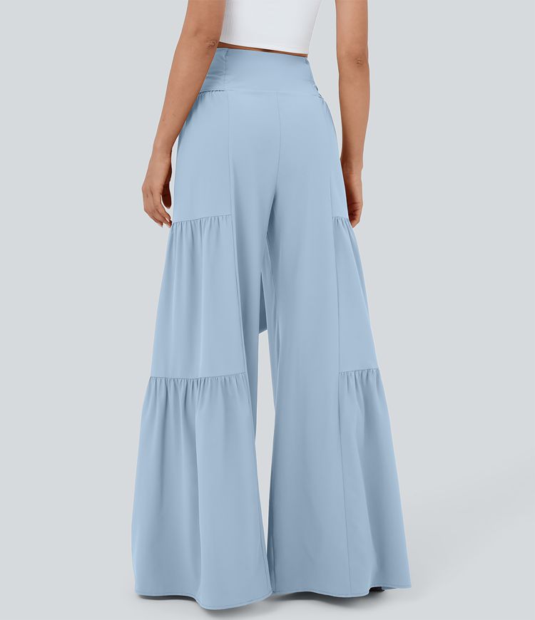 Breezeful™ High Waisted Shirred Tie Front & Back Plicated Wide Leg Flowy Quick Dry Casual Pants