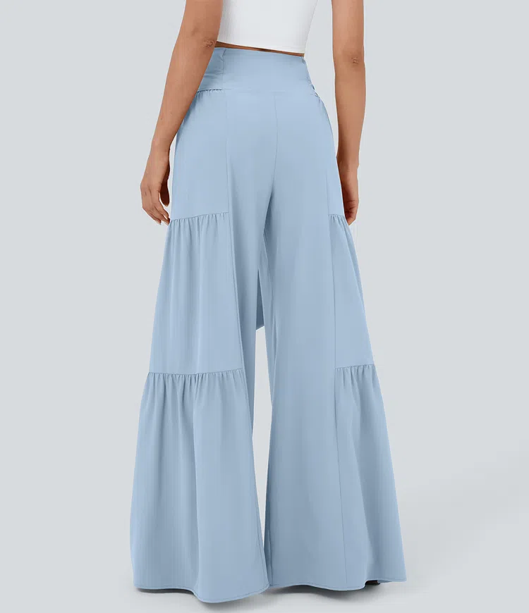 Breezeful™ High Waisted Shirred Tie Front & Back Plicated Wide Leg Flowy Quick Dry Casual Pants