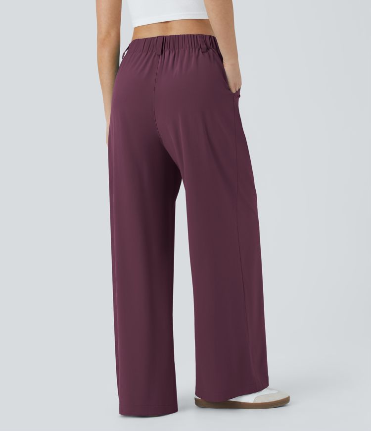 Breezeful™ Pantalon Large Fluide Taille Haute Poches Latérales Palazzo Solide Casual Linen-Feel