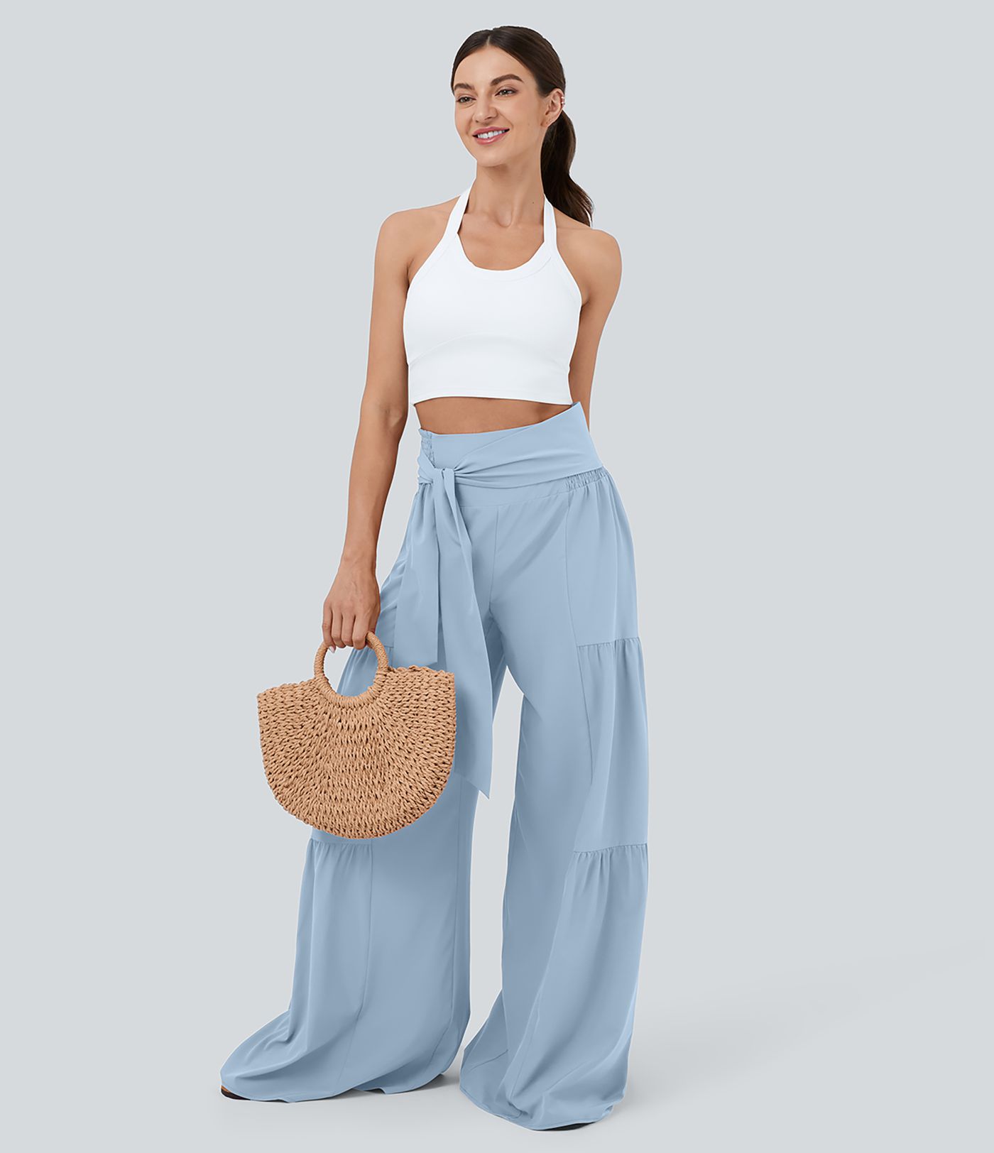 Breezeful™ Vysoké Nohavice so Záhybmi, Viazaním Vpredu a Vzadu, Voľné, Rýchloschnúce Casual Nohavice