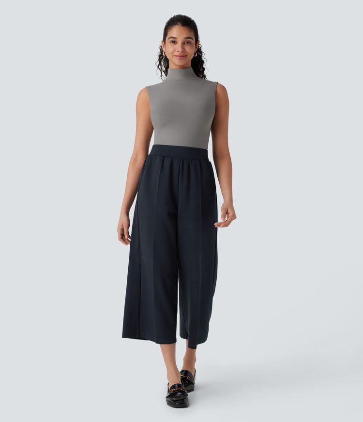 High Waisted Pocket Wide Leg Capri Work Pants