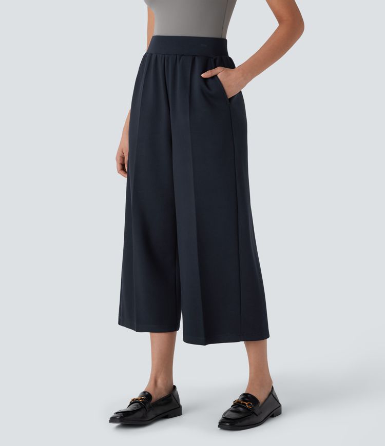 High Waisted Pocket Wide Leg Capri Work Pants