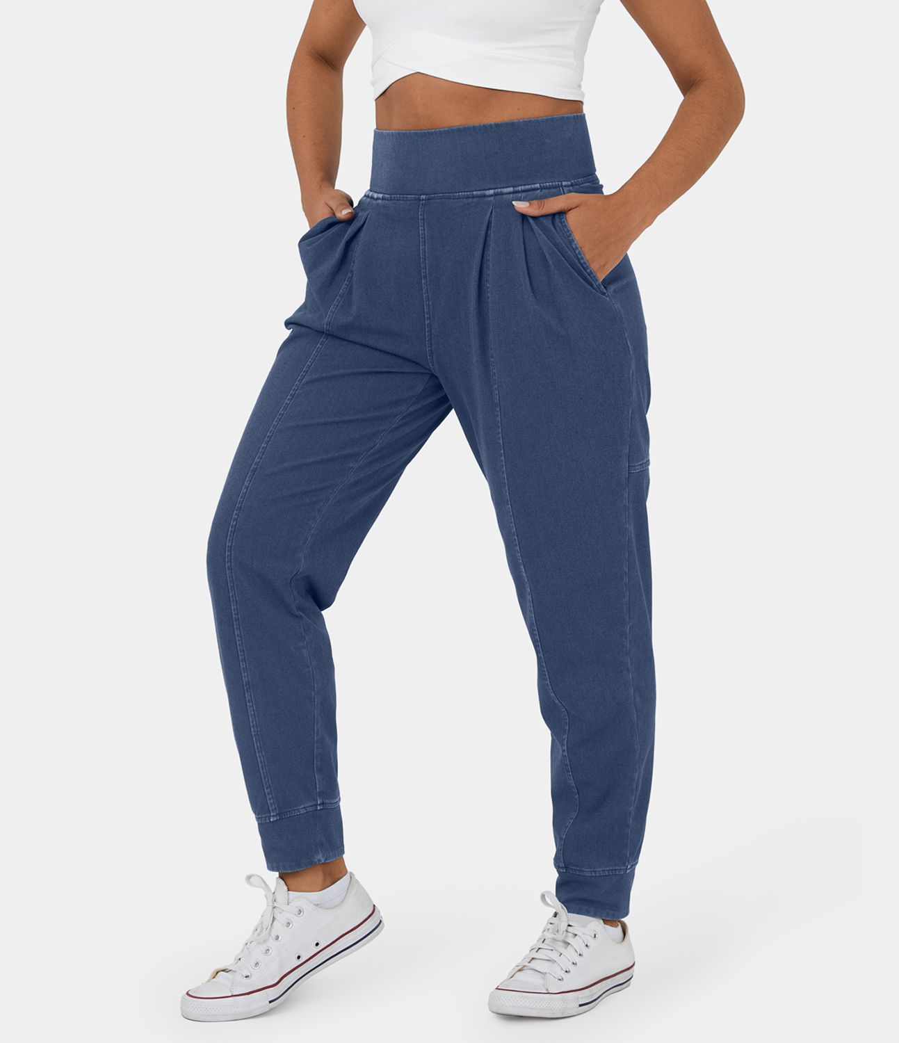 Joggers Halara Flex™ Denim elásticos tipo desgastado con plisado, bolsillos y tiro alto