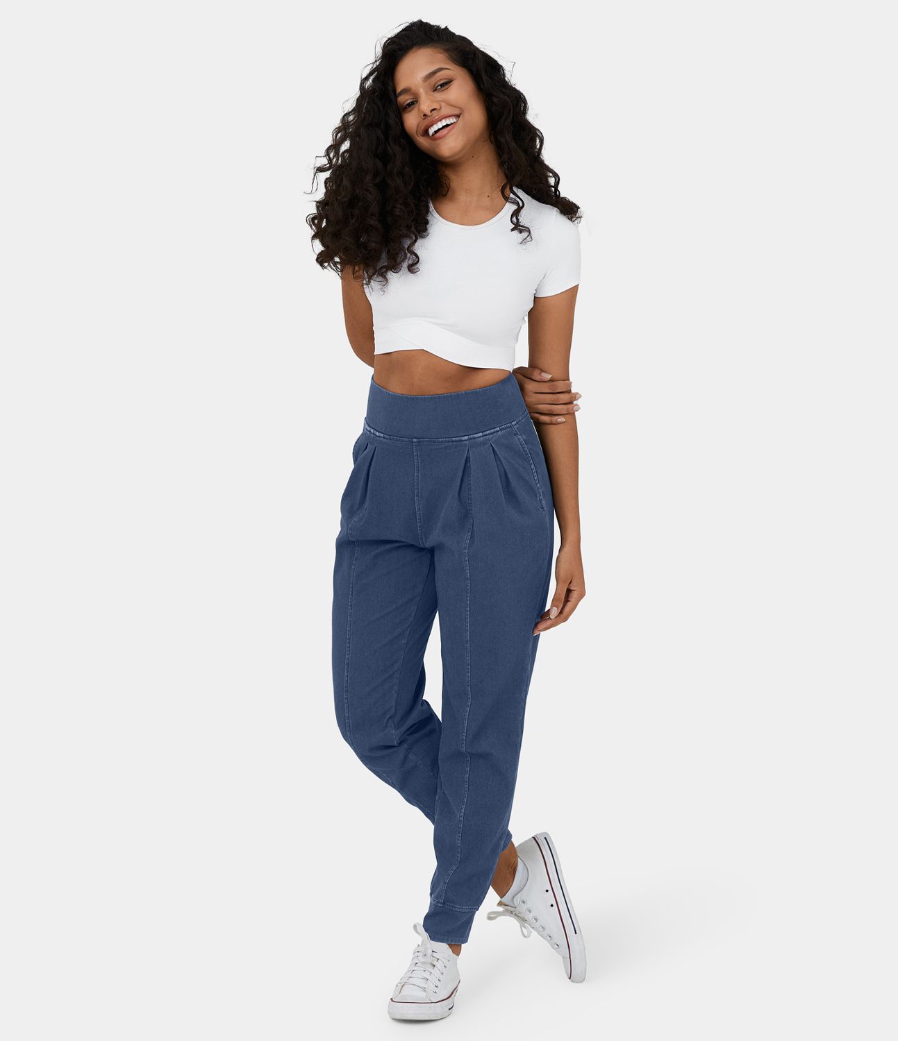 Joggers Halara Flex™ Denim elásticos tipo desgastado con plisado, bolsillos y tiro alto