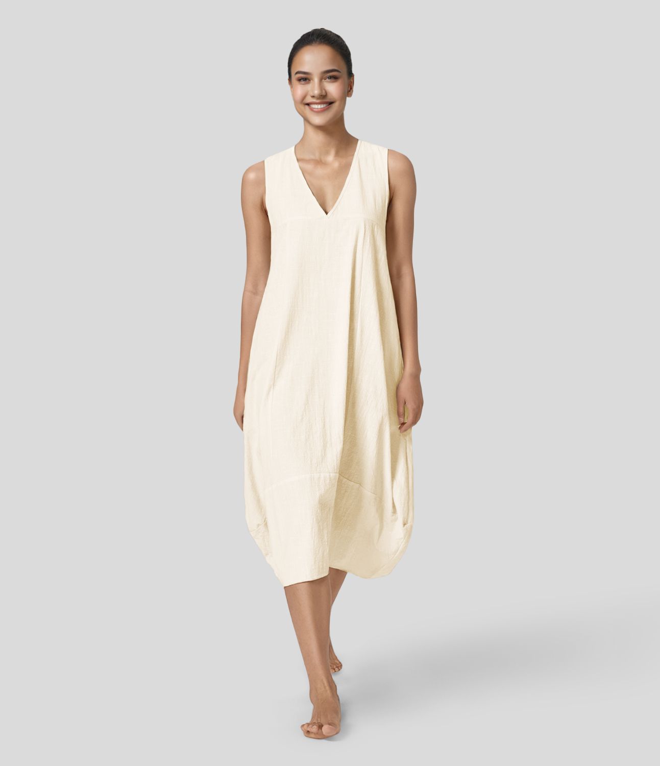 Sleeveless, backless, tie-up, casual flowy midi dress in cotton with side pockets and lacing
