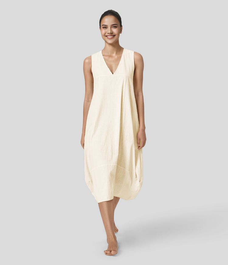 Sleeveless, backless, tie-up, casual flowy midi dress in cotton with side pockets and lacing
