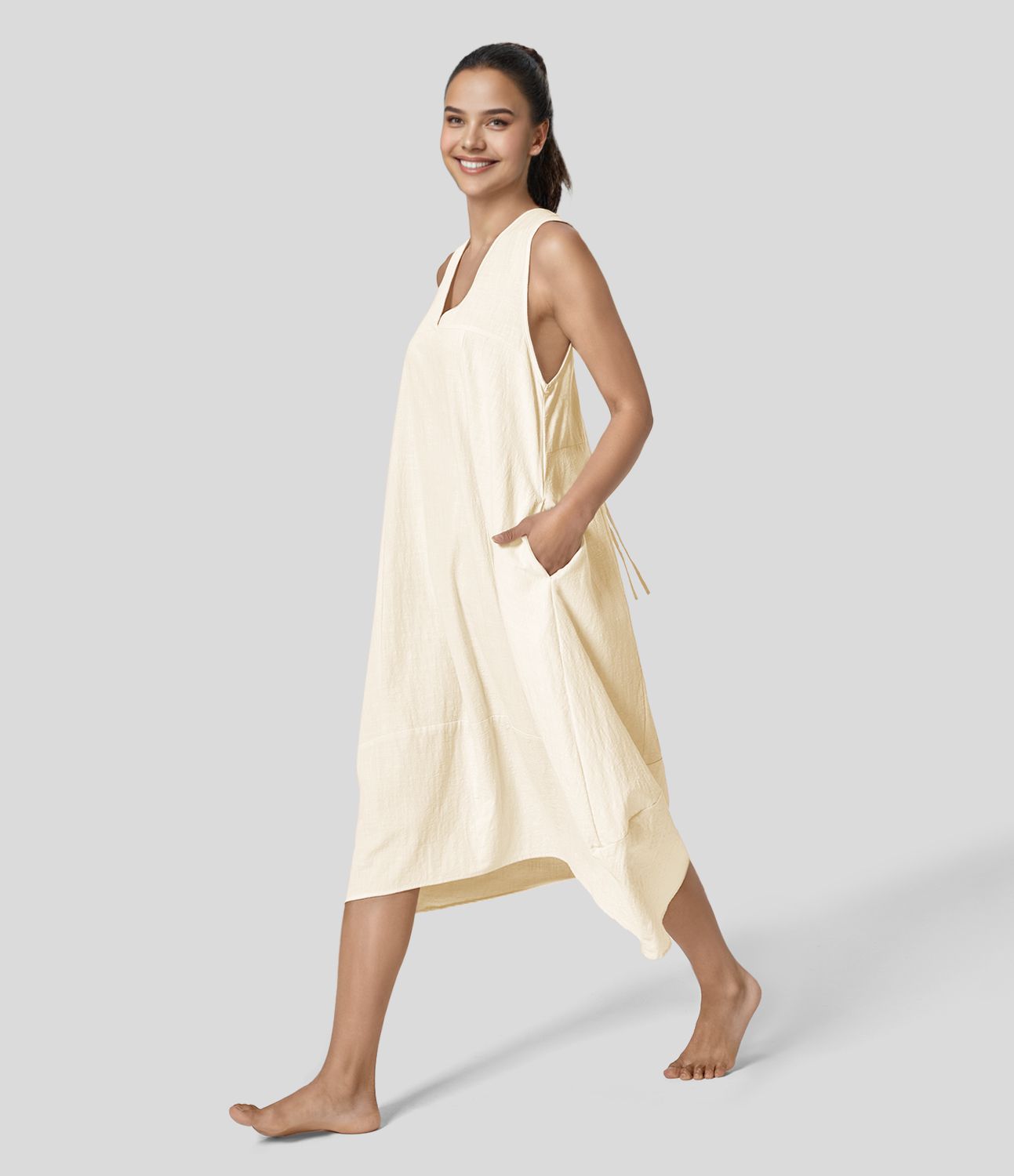 Sleeveless, backless, tie-up, casual flowy midi dress in cotton with side pockets and lacing