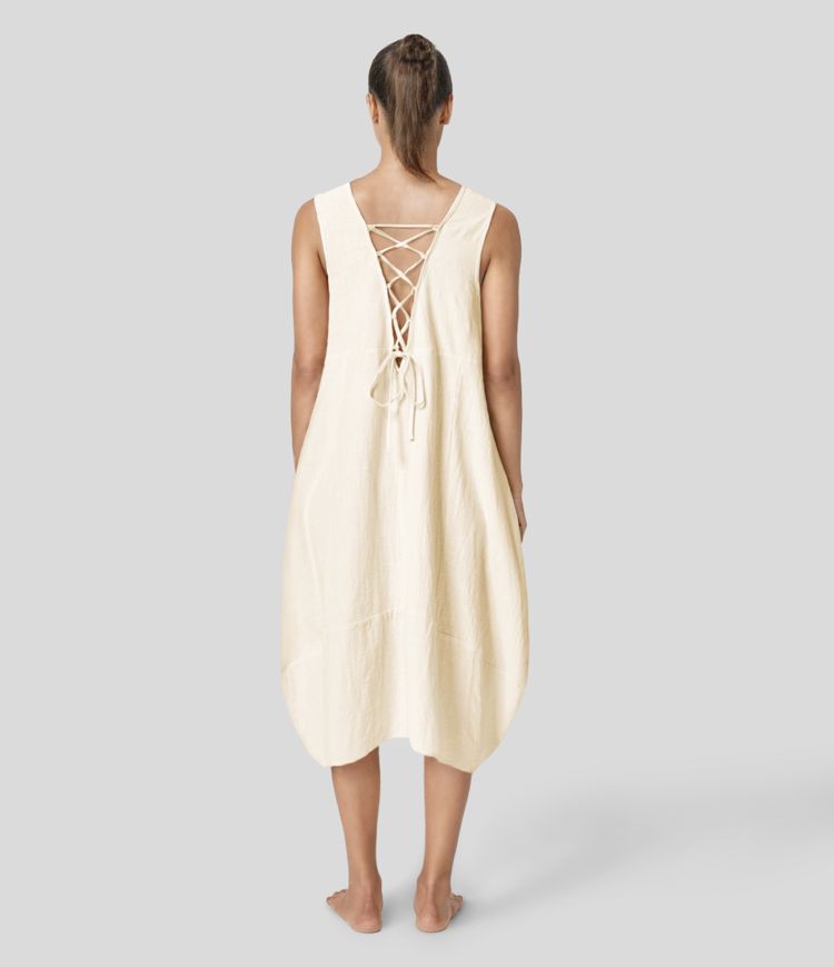 Robe Midi Casual Col en V Sans Manches Dos Nu Croisé avec Lacets Poches Latérales Tissu Effet Lin