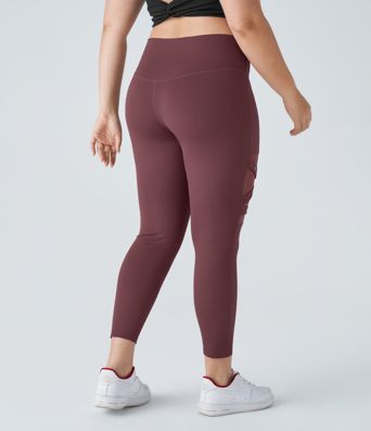 Leggings de yoga de talla grande con hebilla decorativa de malla de contraste y cintura alta