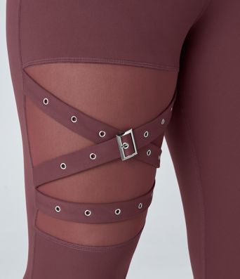 Leggings de yoga de talla grande con hebilla decorativa de malla de contraste y cintura alta
