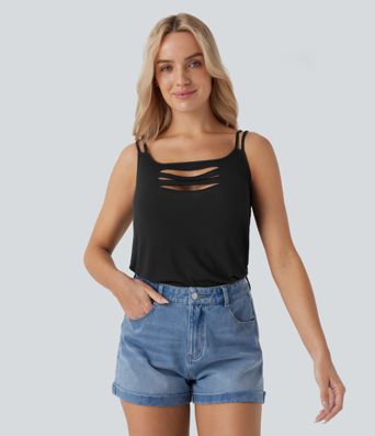 Ribbed Double Straps Ripped Cut Out Casual Tank Vest Top