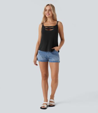 Ribbed Double Straps Ripped Cut Out Casual Tank Vest Top
