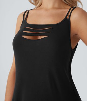 Ribbed Double Straps Ripped Cut Out Casual Tank Vest Top