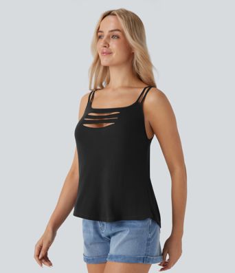 Ribbed Double Straps Ripped Cut Out Casual Tank Vest Top
