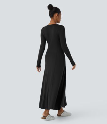 Henley Long Sleeve Flare Maxi Casual Dress