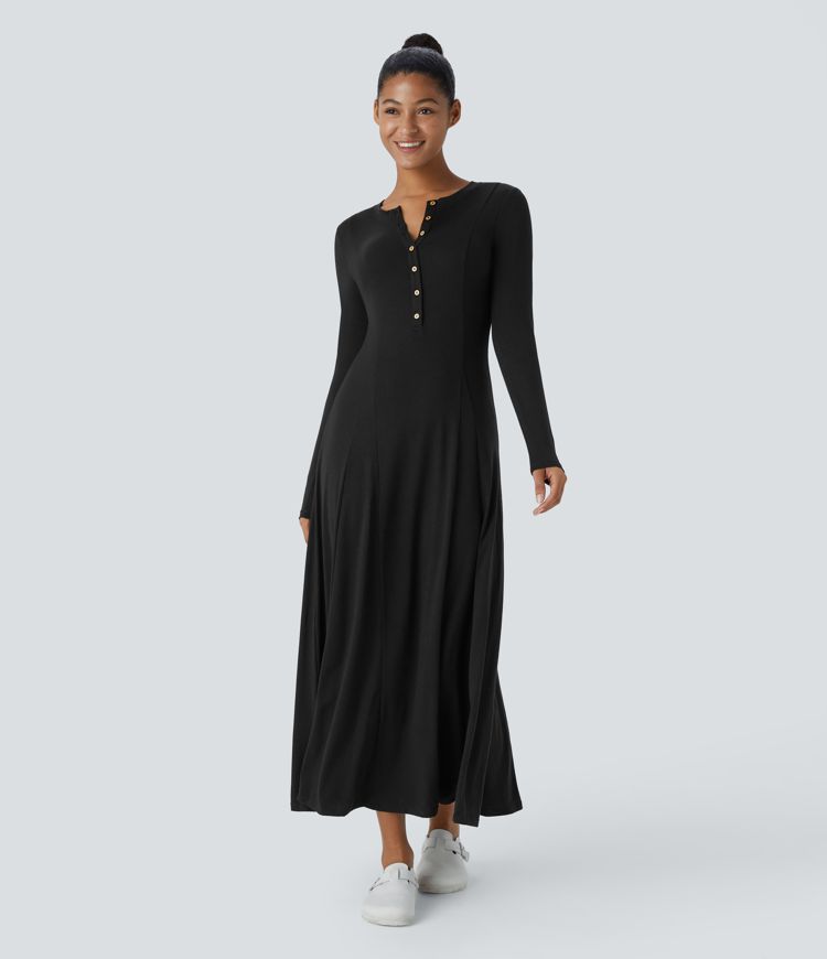 Round Neck Long Sleeve Flare Maxi Casual Dress