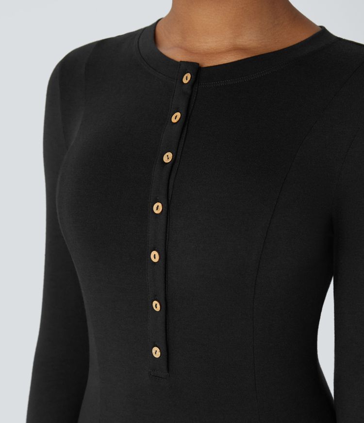 Henley Long Sleeve Flare Maxi Casual Dress