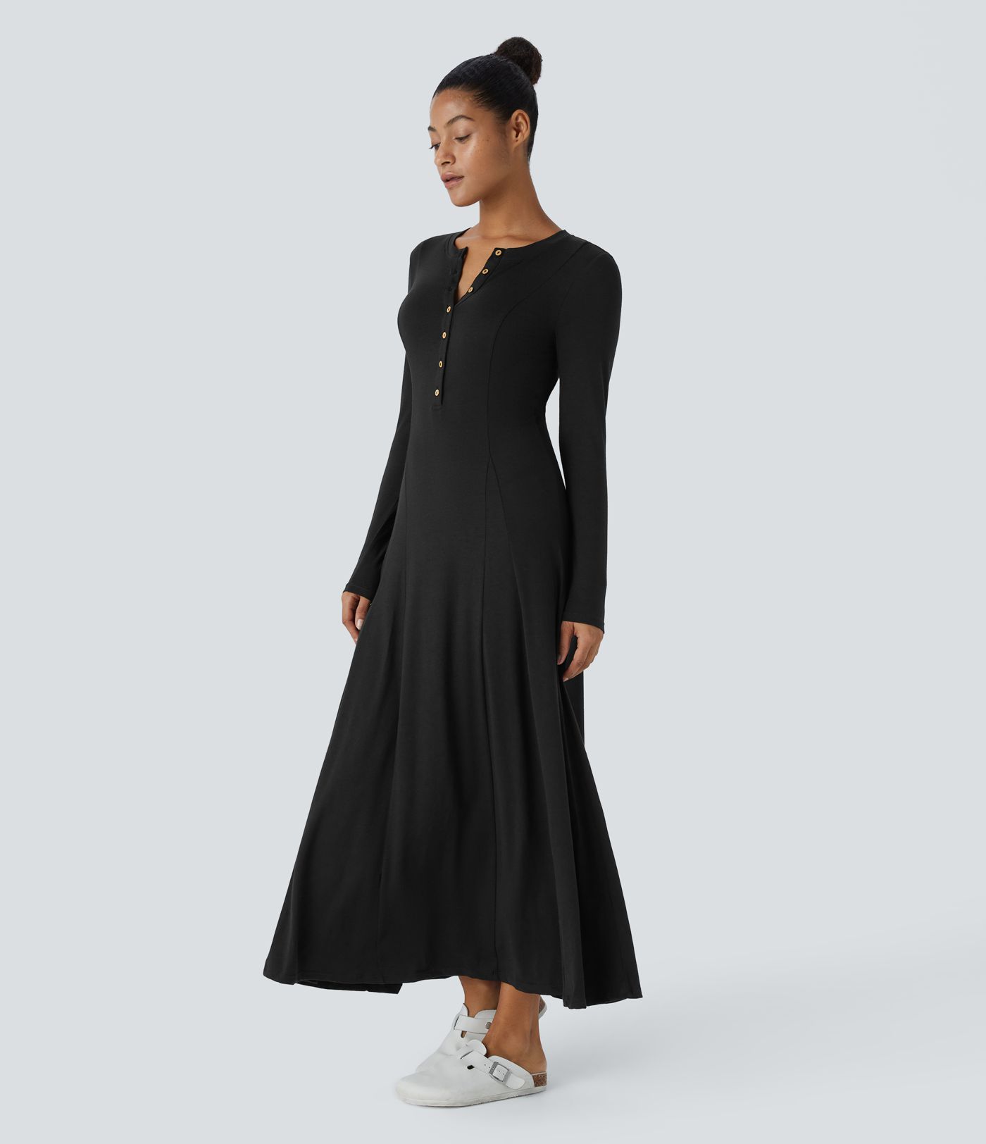 Henley Long Sleeve Flare Maxi Casual Dress