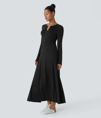 Henley Long Sleeve Flare Maxi Casual Dress