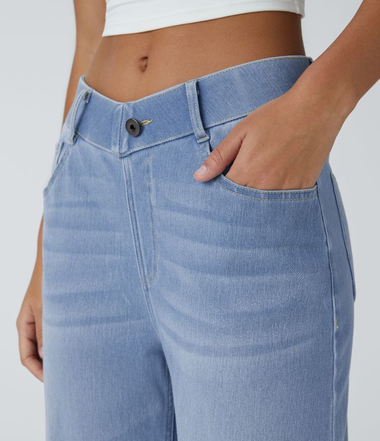 Halara Flex™ V Shaped Mid Rise Zipper Pockets Washed Casual Boyfriend Jeans