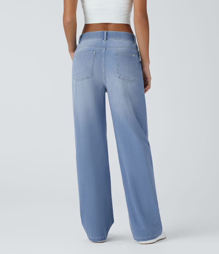 Halara Flex™ V Shaped Mid Rise Button Zipper Multiple Pockets Washed Stretchy Knit Casual Boyfriend Jeans