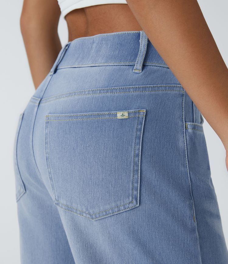 Halara Flex™ V Shaped Mid Rise Zipper Pockets Washed Casual Boyfriend Jeans