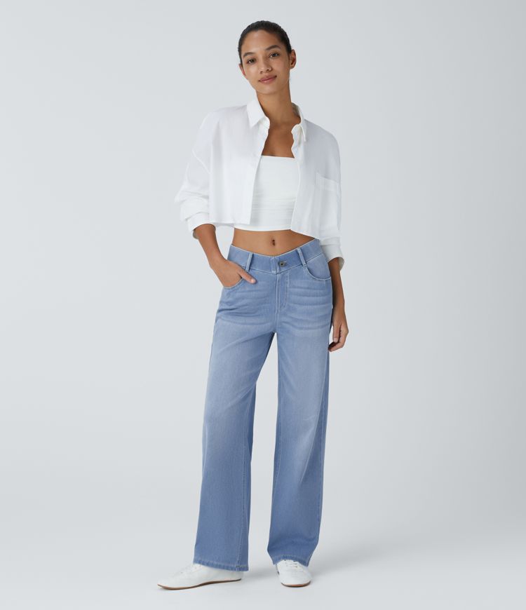 Halara Flex™ V Shaped Mid Rise Zipper Pockets Washed Casual Boyfriend Jeans